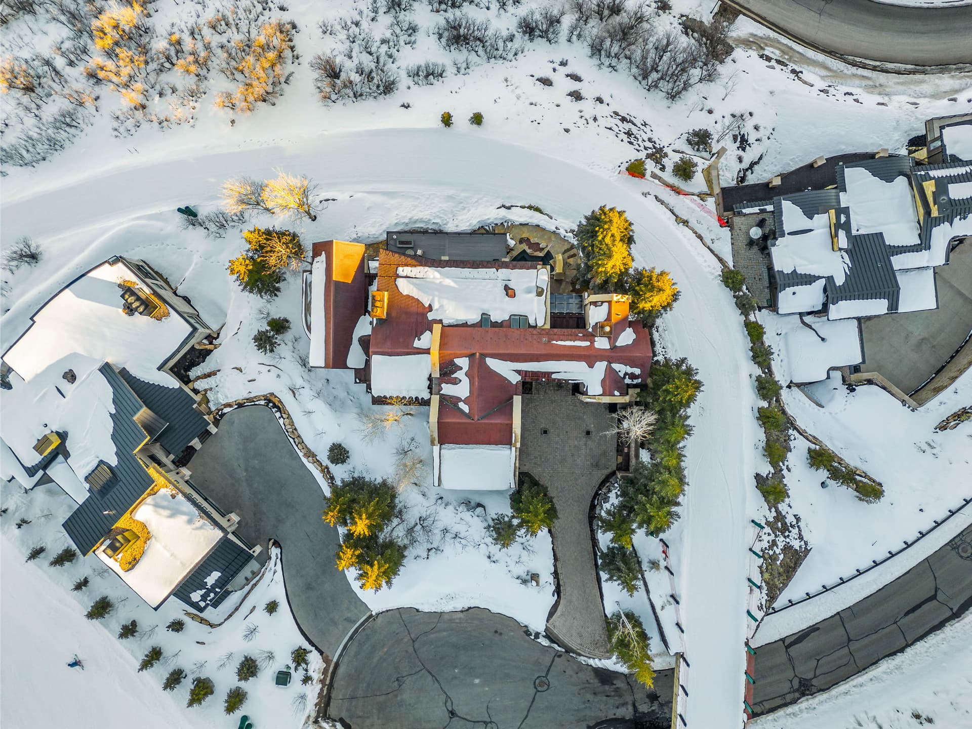 A top-down view of the property, showing the roads that surround the home.